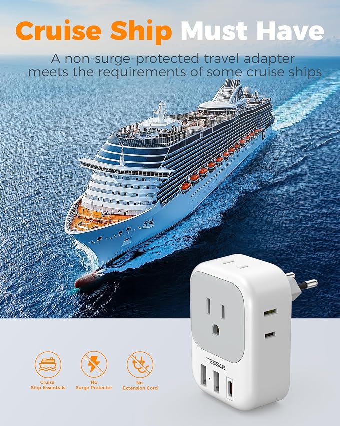 TESSAN 2 Pack European Travel Plug Adapter, Europe Power Converter 4 Outlets 3 USB(1 USB C PD 20W), Type C International Adaptor to Italy Spain France Portugal Iceland Germany, EU Travel Essentials