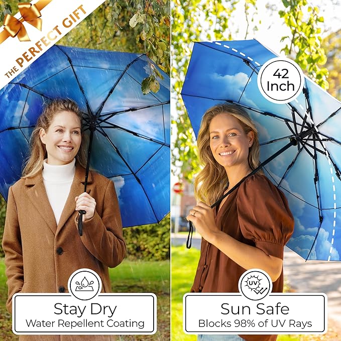 TUMELLA Strongest Windproof Travel Umbrella (Compact, 100MPH Wind-Tested), Light, Portable, One-Handed Use, Automatic Folding Rain Umbrella, Durable, Premium Grip, Fits Car & Backpack