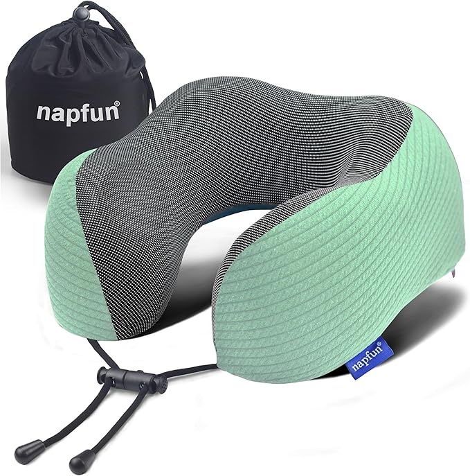 napfun Neck Pillow for Traveling, Upgraded Travel Neck Pillow for Airplane 100% Pure Memory Foam Travel Pillow for Flight Headrest Sleep, Portable Plane Accessories, Turquoise