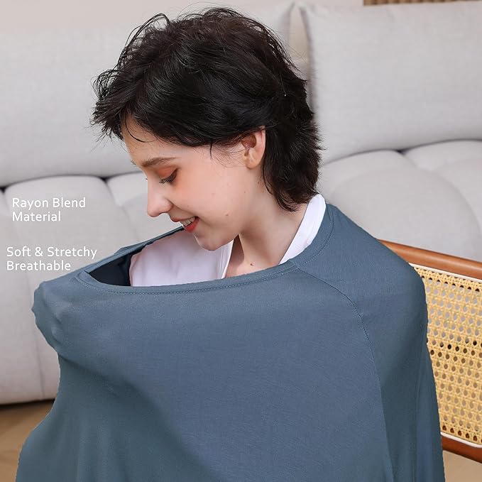 Seejoy Nursing Cover for Breastfeeding, 360°Full Coverage Nursing Poncho, Rayon Soft & Breathable Breastfeeding Cover up (Smooth Rayon, Blue)