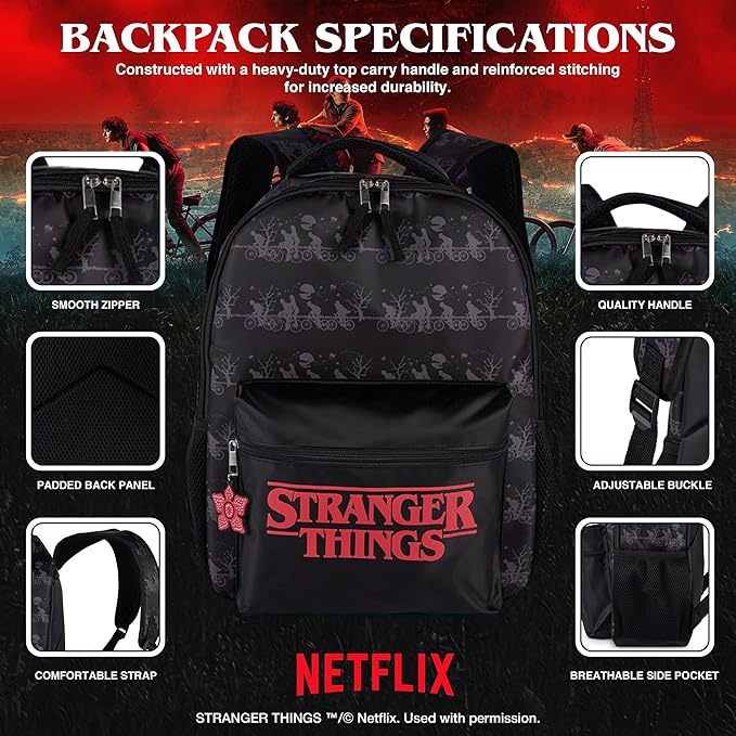 AI ACCESSORY INNOVATIONS Stranger Things Backpack with Character Graphic Pattern, Black, 16x12x5 Inches, Polyester, 3 Pockets, Water Repellent, Adjustable Straps, Padded Back