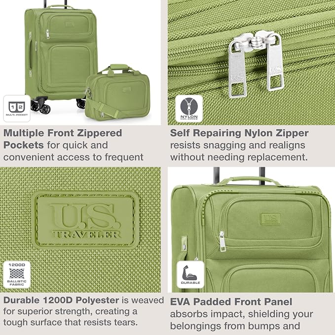 U.S. Traveler Rio Lightweight Softside Rolling Carry-on Suitcase, 4-Wheel Set, Light Green