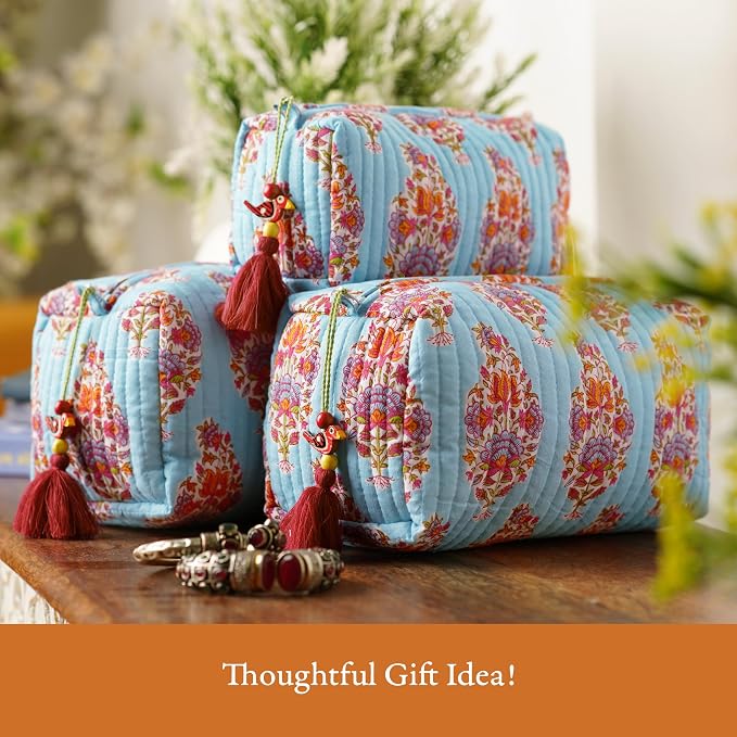 Saffron Marigold Quilted Makeup Bag Set of 3, Hand Block Printed Cotton Cosmetic Bags for Women, Waterproof Lined Travel Toiletry Bag, Coquette Aesthetic, Handmade Gift, Kashmir