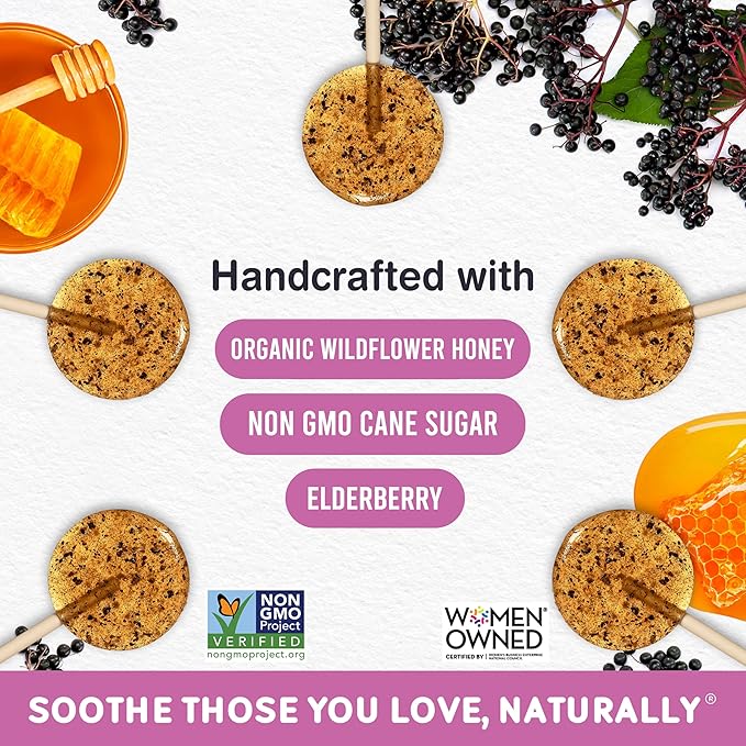 MommaBear Natural Sore Throat Care Lollipops – Elderberry & Honey Kids Cough Lollipops – Organic Sick Essentials Lolli Treats, No Artificial Additives – Tightly Sealed for Freshness (10 Pack)