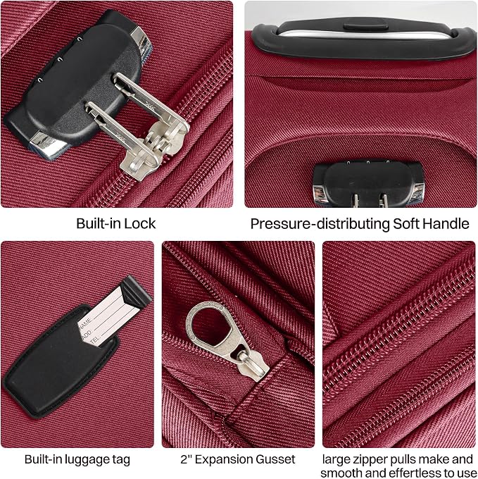 24'' Softside Expandable 15% Rolling Luggage with Double Spinner Wheels & w/LOCK,Lightweight Travel Luggage for Men Women（Burgundy-Grey,24in）