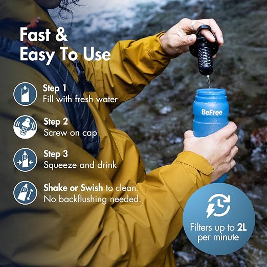 Katadyn BeFree AC Bottle 0.7L Water Filter Bottle for Travel & Daily Use | 2-Stage Filter Removes Bacteria & Microplastics, Improves Taste, BPA-Free, Fits Cup Holders - Slate Blue