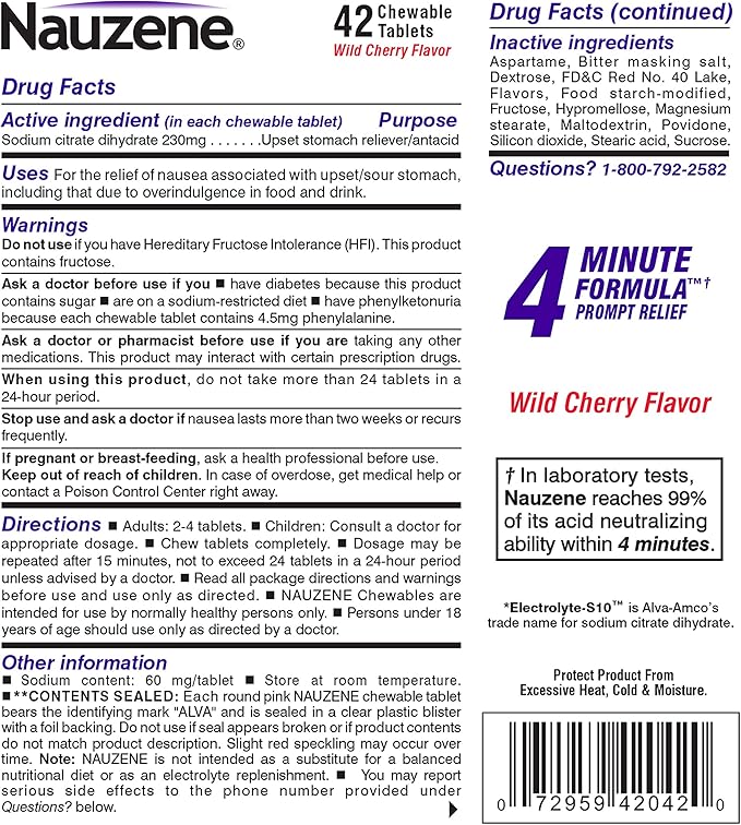 Nauzene Non-drowsy Upset Stomach & Nausea Relief Chewable Tablets - Fast-Acting Relief in 4 Minutes - Doctor Recommended - Wild Cherry Flavor, 42 ct