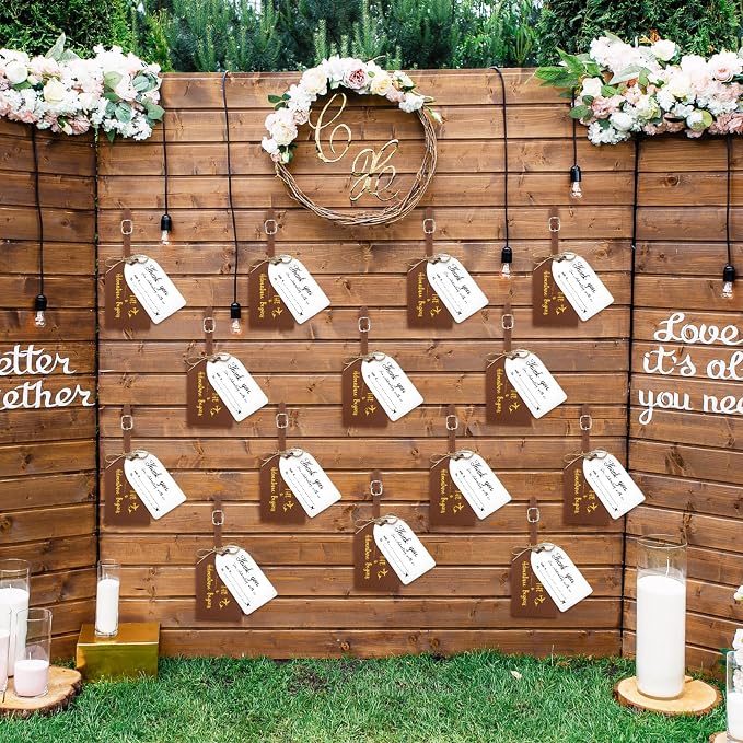 Sweetude 48 Sets Bulk Luggage Tags Wedding Favors and So The Adventure Begins Leather Luggage Tags for Suitcases with Name Card for Travel Themed Bridal Shower Graduation Party Favor(Yellow Brown)