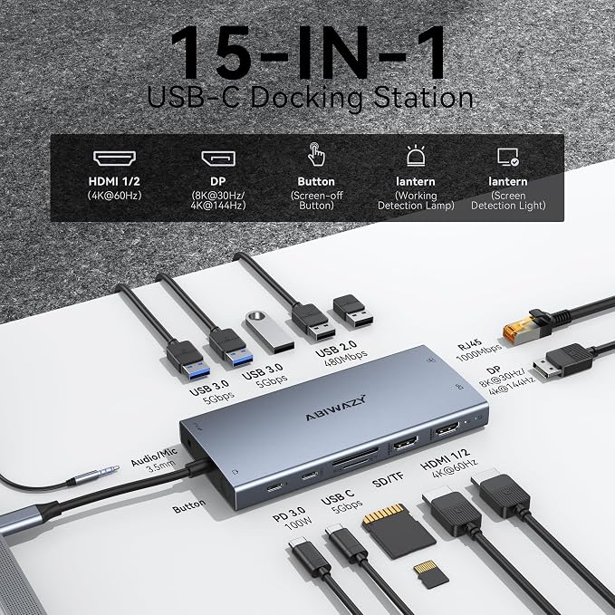 USB C Docking Station Dual Monitor, 15 in 1 Docking Station 3 Monitors with DP 8K, 2 HDMI 4K, 6 USB A/C Ports, 100W PD, Ethernet, Audio, SD/MicroSD, ABIWAZY USB C Hub for Dell/HP/Lenovo