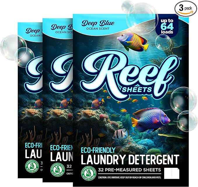 Reef Sheets Laundry Detergent Sheets, 192 loads, Hypoallergenic & Plastic-Free Eco-Friendly Packaging, Gentle on Skin, Tough on Stains, Travel-Friendly, Deep Blue Ocean Scent, 32ct (3 Pack)