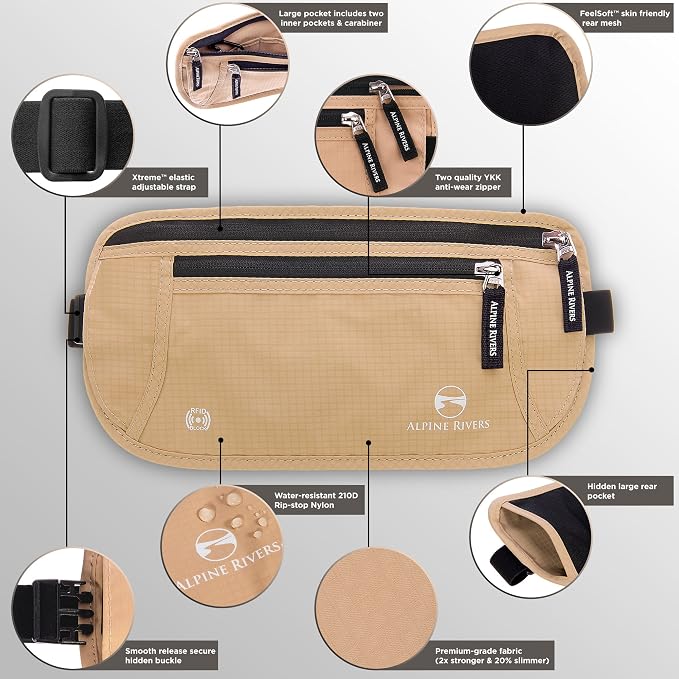 Travel Money Belt - RFID Blocking Hidden Wallet with 7 RFID Sleeves