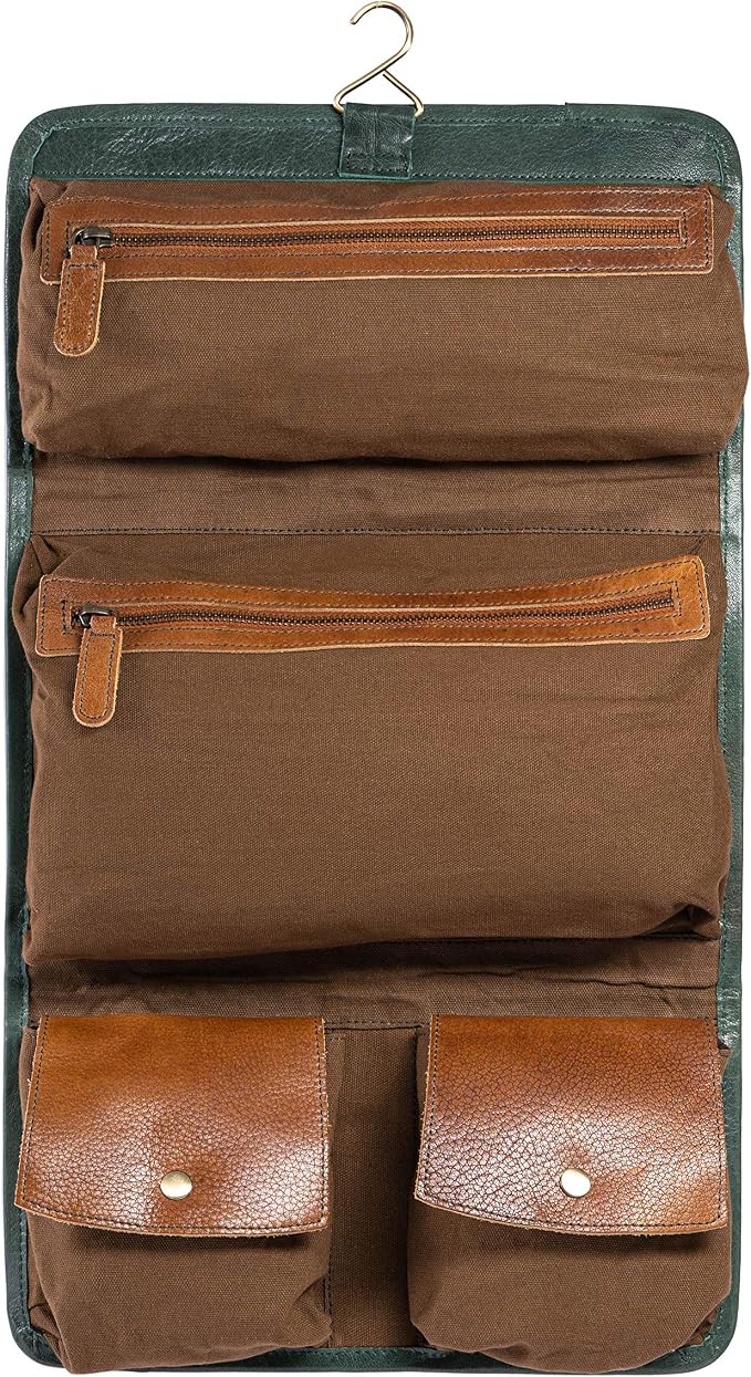 KomalC Premium Buffalo Leather Hanging Toiletry Bag Travel Dopp Kit