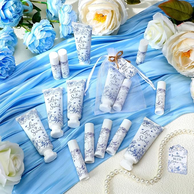 24 Sets Something Blue Before I Do Bridal Shower Hand Cream and Lip Balm Gift Bulk Blue Floral Wedding Favors Travel Size Hand Lotion and Lip Balm Wedding Bridal Shower Party Supplies for Guest
