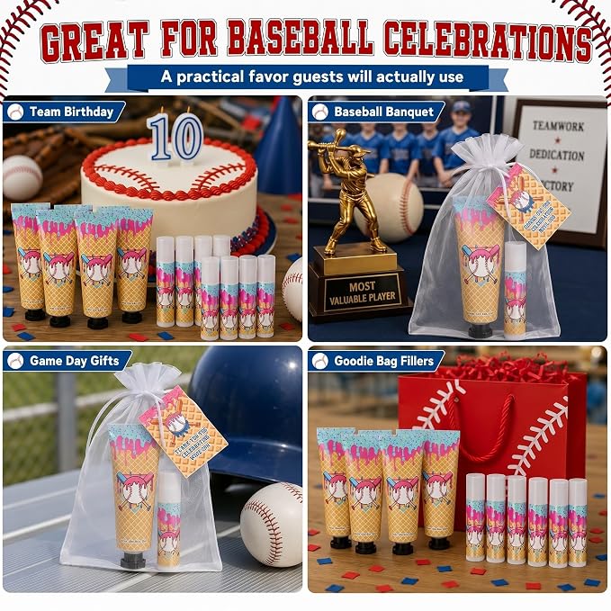 30 Sets Baseball Drip Party Favors Ice Cream Drip Baseball Hand Cream and Lip Balm Bulk with Organza Bag Thank You Tag for Teen Adults Sport Party Favor Team Birthday Gifts