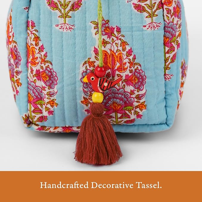 Saffron Marigold Quilted Makeup Bag Set of 3, Hand Block Printed Cotton Cosmetic Bags for Women, Waterproof Lined Travel Toiletry Bag, Coquette Aesthetic, Handmade Gift, Kashmir