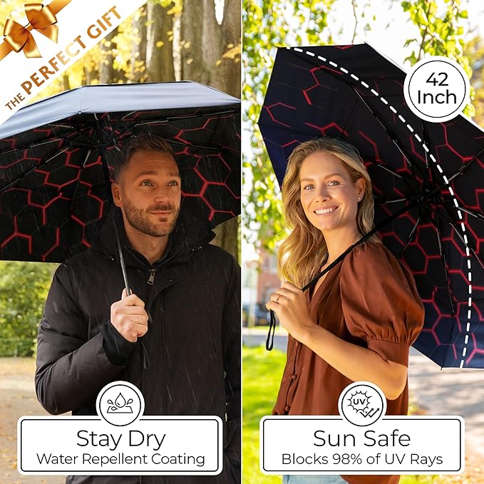 TUMELLA Strongest Windproof Travel Umbrella (Compact, 100MPH Wind-Tested), Light, Portable, One-Handed Use, Automatic Folding Rain Umbrella, Durable, Premium Grip, Fits Car & Backpack