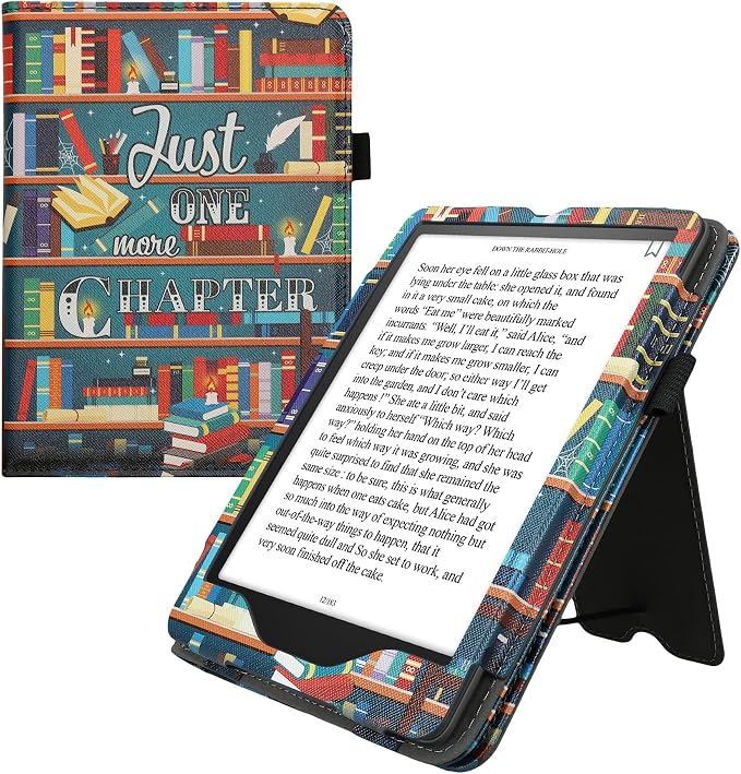 kwmobile Case Compatible with Amazon Kindle Paperwhite (2024)/Colorsoft - Case PU Leather Cover with Magnet Closure, Stand, Strap, Card Slot - Library Motto Multicolor