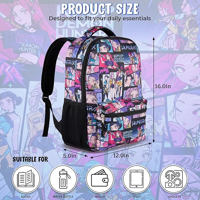 AI ACCESSORY INNOVATIONS K-Pop Demon Hunters Huntrix 16” Backpack for Girls, Featuring an AOP of Rumi, Zoey, Mira, Allover Print