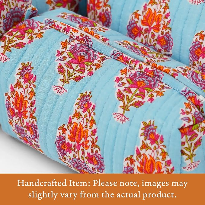 Saffron Marigold Quilted Makeup Bag Set of 3, Hand Block Printed Cotton Cosmetic Bags for Women, Waterproof Lined Travel Toiletry Bag, Coquette Aesthetic, Handmade Gift, Kashmir