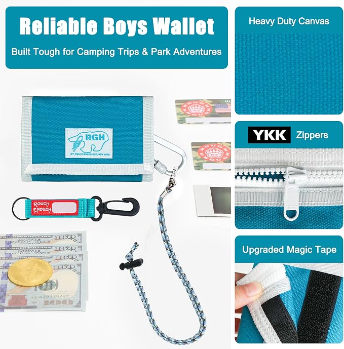 Rough Enough Kids Wallet for Boys Ages 6-16, Canvas Trifold with Neck Lanyard, Zipper Coin Pockets, Card Slots for Campus, Camping and Travel, Light Blue