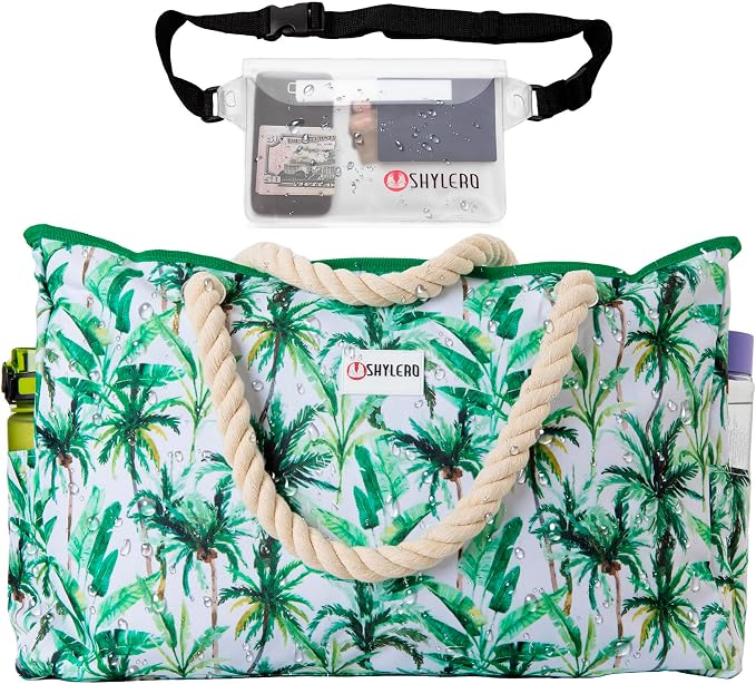 Beach Bag and Pool Bag Has Cooler Pocket, 7 Pockets Total, Zip Top. Family Size Waterproof Beach Tote