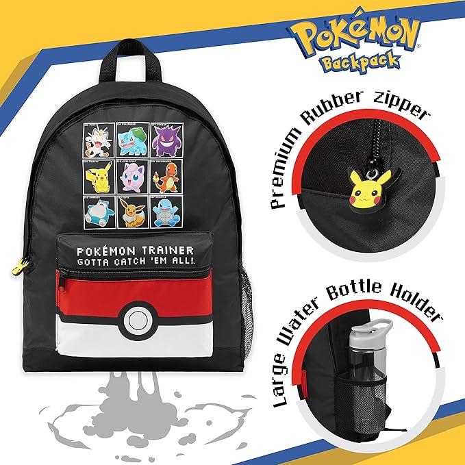 Pokemon Backpack for Kids Teens Boys Girls Pikachu Anime Bookbag Daypack Bag School Sports Gifts for Kids (Black/Red)