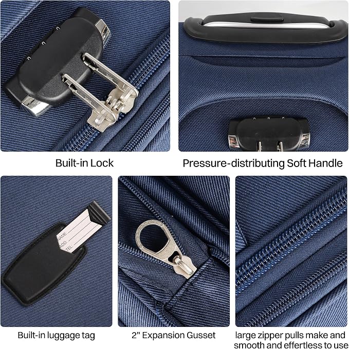 2-Piece Set Front Opening,Softside Luggage Sets w/Double Spinner Wheels Expandable Luggage,Lightweight Travel Luggage Rolling Suitcase w/LOCK（Navy-Grey,20in/28in）