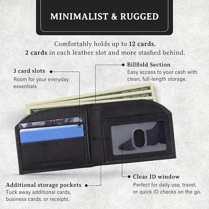 ROGUE WALLET Tailored Genuine Leather Wallets – RFID Blocking, Durable & Stylish Front-Pocket Comfort - Holds 6–8 Credit Cards, ID Window, Extra Storage Pockets & More (Black)