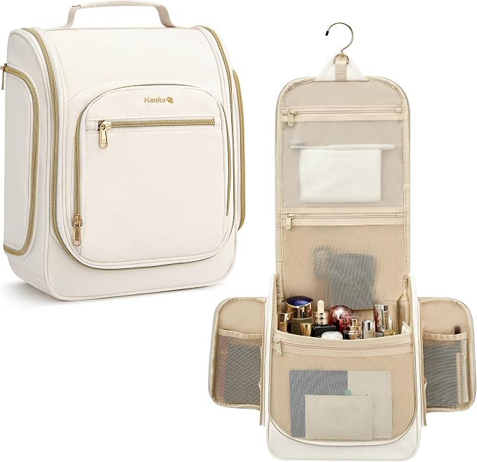 Hanke Hanging Travel Toiletry Bag for Men and Women, Water-Resistant Toiletries Bag Makeup Organizer with Hook, Cosmetic Bag for Bathroom & Travel Essentials Accessories, Off White