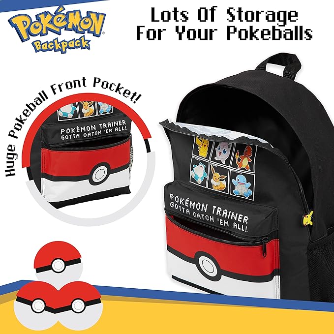 Pokemon Backpack for Kids Teens Boys Girls Pikachu Anime Bookbag Daypack Bag School Sports Gifts for Kids (Black/Red)