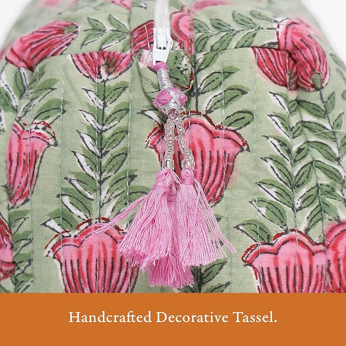 Saffron Marigold Quilted Makeup Bag Set of 3, Hand Block Printed Cotton Cosmetic Bags for Women, Waterproof Lined Travel Toiletry Bag, Coquette Floral Aesthetic, Handmade Gift, Tulip Rain