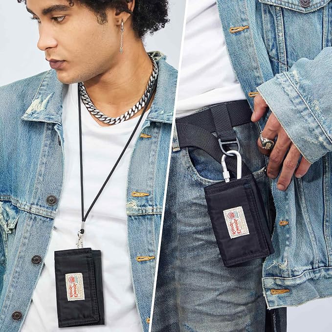 Rough Enough Kids Wallet for Boys Teens with Neck Lanyard Keychain Zipper Coin Pocket Card Holder Black Soft Nylon