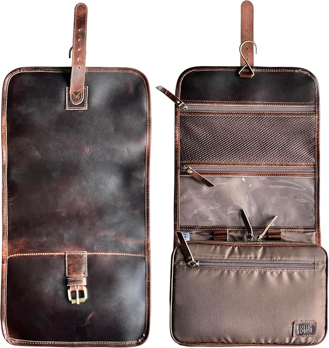 RUSTIC TOWN Leather Hanging Toiletry Bag for Men - Travel Shaving Dopp Kit - Bathroom Shower Toiletries Organizer - Leather Makeup Cosmetic Bag for Women