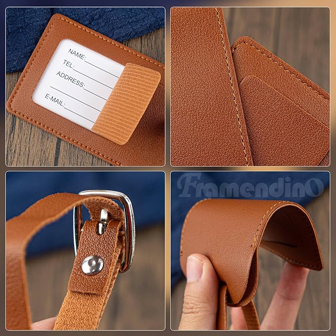 Framendino, 48 Sets Wedding Favors Luggage Tag PU Leather Travel Tags with Name ID Card for Bridal Shower Brown