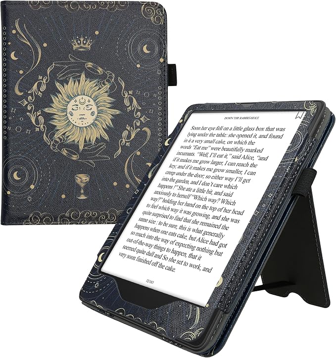 kwmobile Case Compatible with Amazon Kindle Paperwhite (2024)/Colorsoft - Case PU Leather Cover with Magnet Closure, Stand, Strap, Card Slot - Tarot Card Dark Blue/Yellow/Black