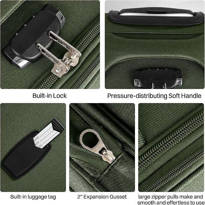 3-Piece Softside Expandable Luggage Set with Front Open Pocket,Lightweight Durable Suitcase Sets Double Spinner Wheels & w/LOCK（Green-Grey,20in/24in/28in）