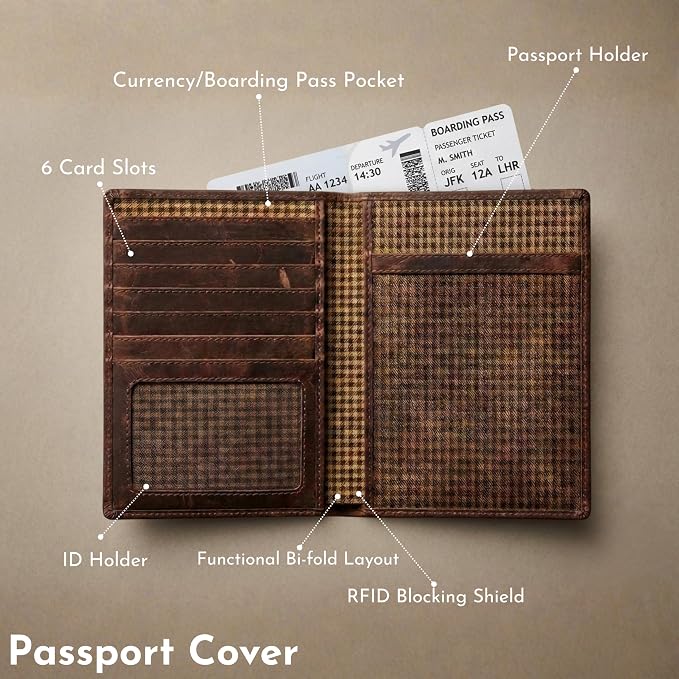 SETTINI Genuine Leather Passport Holder for Travel with AirTag Slot — RFID Blocking Passport Wallet, Find My Compatible, 6 Card Slots & ID Window, Compass Design, Gift Box (AirTag Not Included)