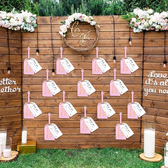 Sweetude 48 Sets Bulk Luggage Tags Wedding Favors and So The Adventure Begins Leather Luggage Tags for Suitcases with Name Card for Travel Themed Bridal Shower Graduation Party Favor(Pink)