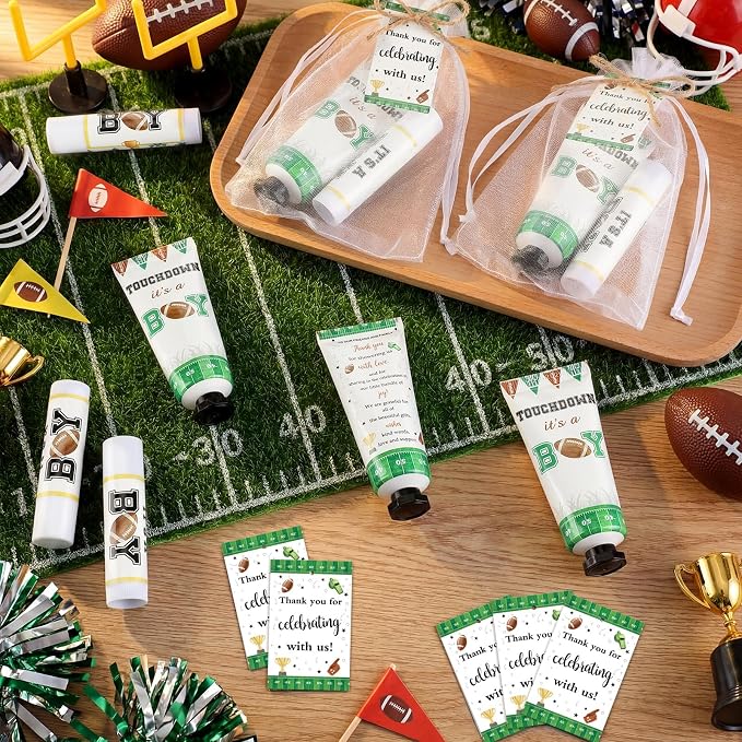 50 Sets 200 Pcs Football Baby Shower Hand Lotion and Lip Balm Gift Theme Baby Shower Party Favors Travel Size Hand Lotion and Lip Balm Bulk with Organza Bags Tags