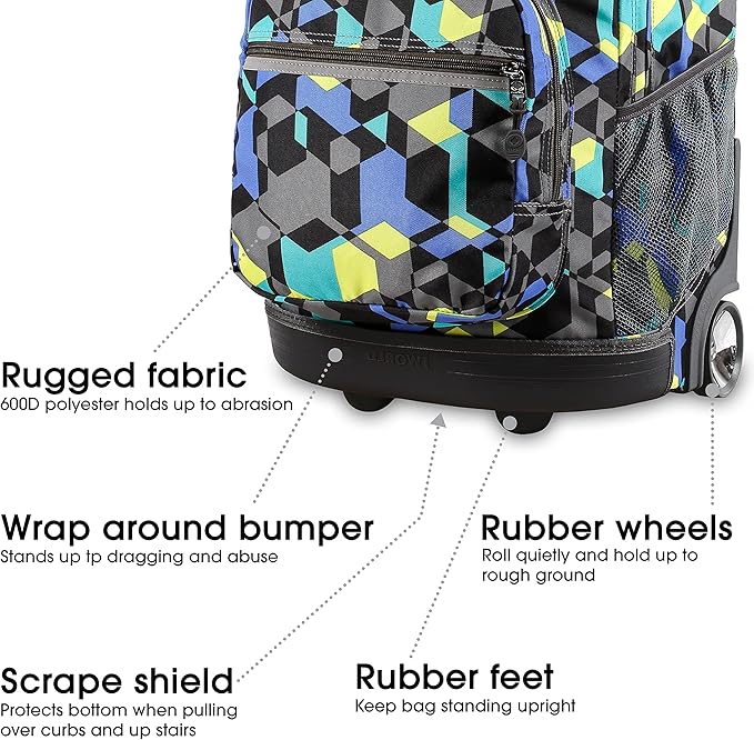 J World Sunrise Kids Rolling Backpack for Girls Boys. Roller Bookbag With Wheels For School, Cubes