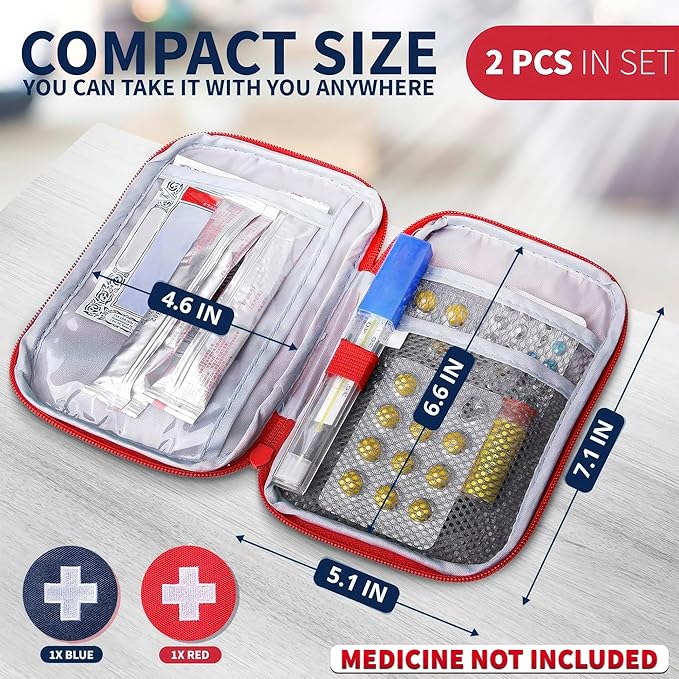 2 Pcs Travel First Aid Bag Empty Portable Storage - Small Medical Bag Empty with Multiple Compartments, 7.1x5.1" Small First Aid Pouch with Zipper Closure - Outdoor Adventure Gift for Camping & Hiking