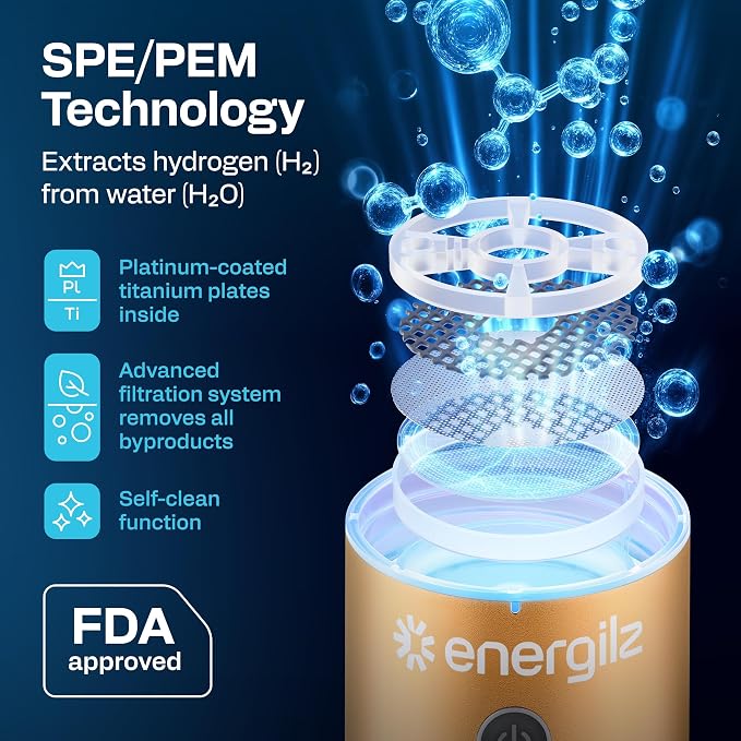 Hydrogen Water Bottle | Large 16.2 oz (480 ml) Hydrogen Water Bottle Generator 3000 ppb | Hydrogenator Machine | SPE/PEM Hydrogenated Ionizer Generator (Golden w/Gray)