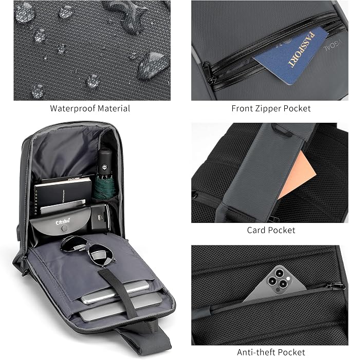 Kingsons 13" Anti-Theft Laptop Sling Backpack. Waterproof nylon, USB port. Ideal for travel, hiking, camping. (FG6301-Grey)