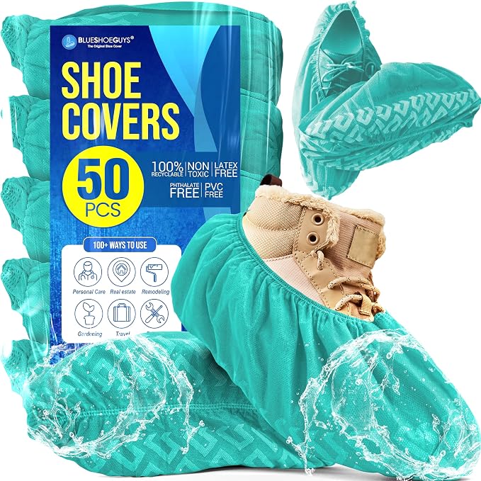 Premium Boot & Shoe Covers Disposable Booties - 50 Pack - Durable, Non-Slip, Non-Toxic, Water Resistant, Recyclable Protectors for Indoor & Outdoor - Large Size Fits Most Shoes