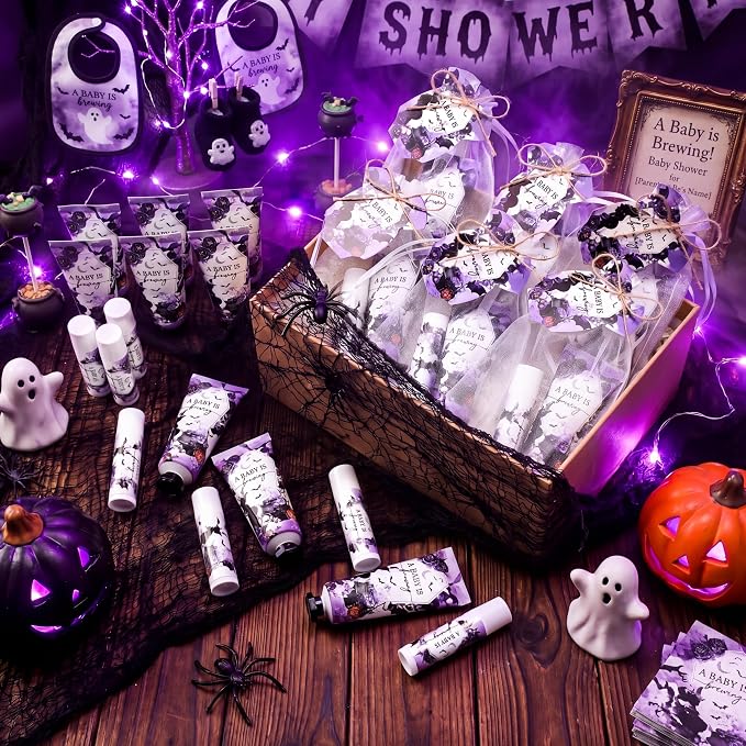 Batiyeer 25 Sets/100 Pcs Halloween Baby Shower Party Favors Bulk Baby Is Brewing Travel Size Hand Cream and Lip Balm Sets for Halloween Gender Reveal Party Supplies, with Cards Organza Bags