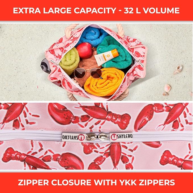 Beach Bag and Pool Bag Has Cooler Pocket, 7 Pockets Total, Zip Top. Family Size Waterproof Beach Tote