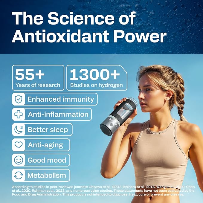 Hydrogen Water Bottle | Large 16.2 oz (480 ml) Hydrogen Water Bottle Generator 3000ppb | Hydrogenator Machine | SPE/PEM Hydrogenated Ionizer Generator (Steel w/Black)