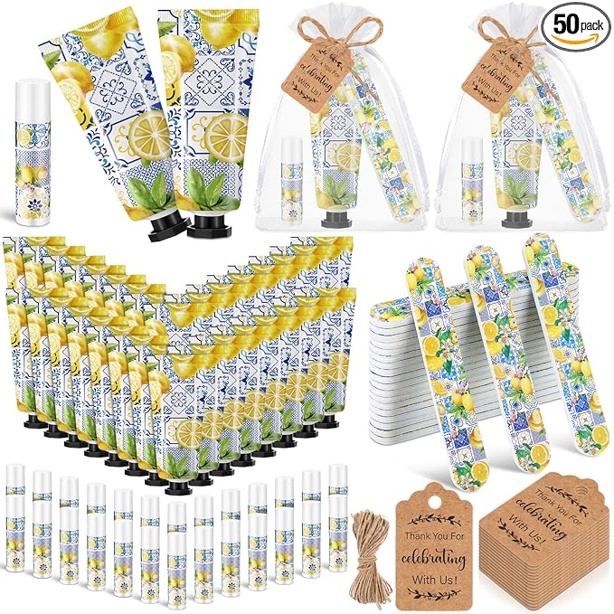 Leelosp 50 Sets Capri Lemon Hand Cream and Lip Balm Nail File Gift Bulk Summer Italian Lemon Party Favors Wedding Favor for Guest Travel Size Hand Lotion Lip Balm Gifts Set Bridal Baby Shower