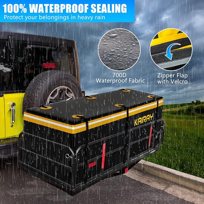 KAIRAY 500 Lbs Heavy Duty Hitch Mount Cargo Carrier 60"x24"x14.4" Folding Rear Luggage Rack Basket Fits 2" Receiver for Car SUV Camping Traveling with Stablizer Waterproof Bag Net Ratchet Straps Lock