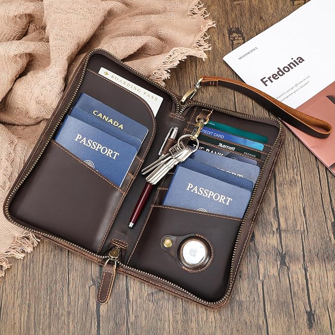 Polare Full Grain Leather Family Travel Passport Wallet and Documents Organizer RFID Blocking Case Holder Fits 6 Passports for Men and Women